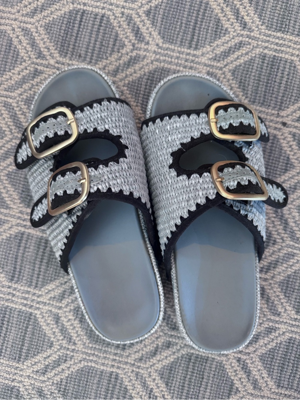 Amazon Gray Woven Double-Buckle Slide Sandals with Black Trim